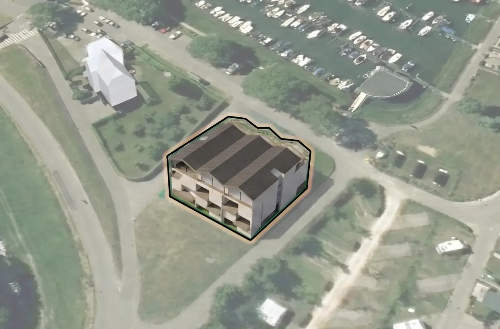 Luchtfoto Appartementengebouw woningen jachthaven stad